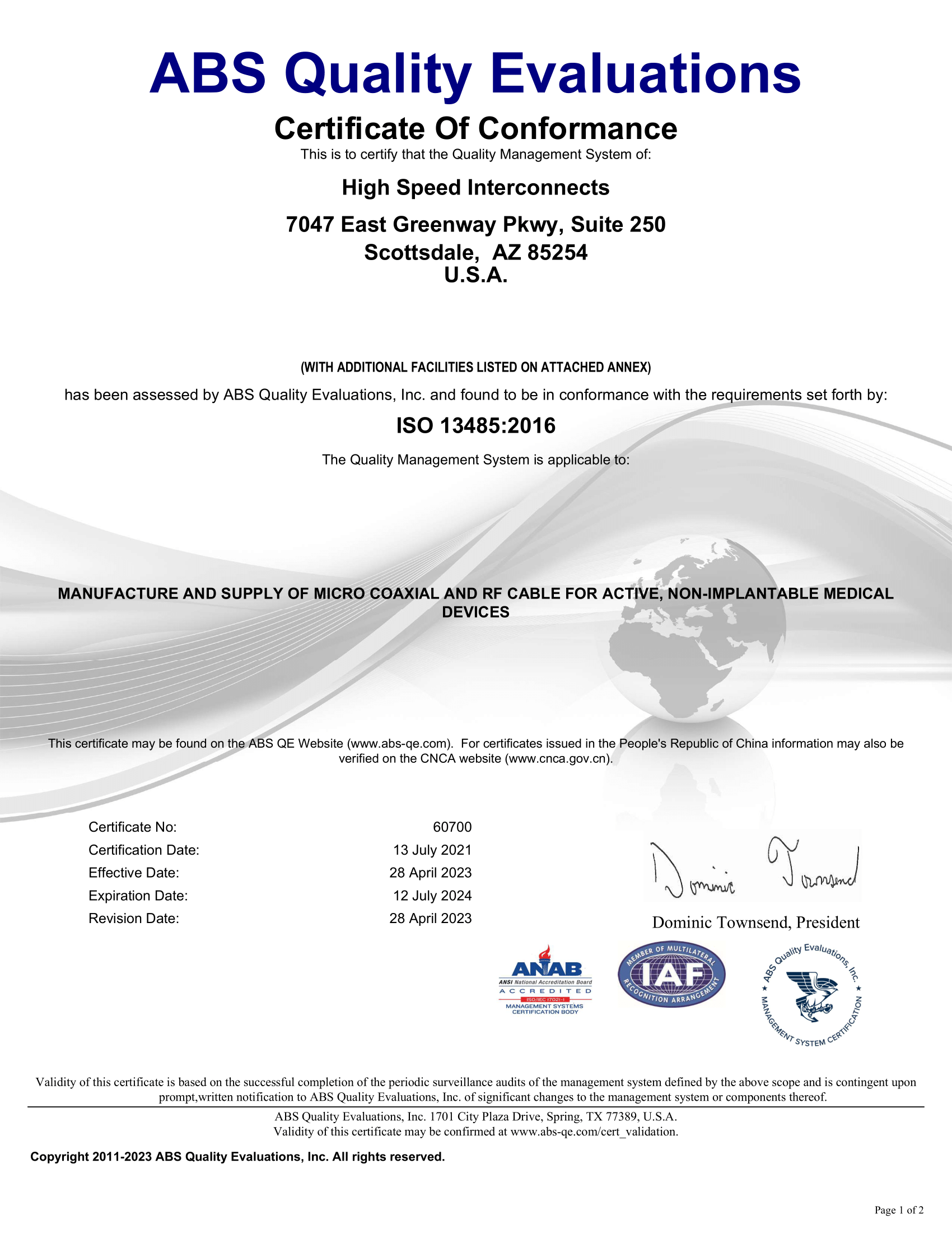 ISO13485 Certificate - High Speed Interconnects 2023-2024